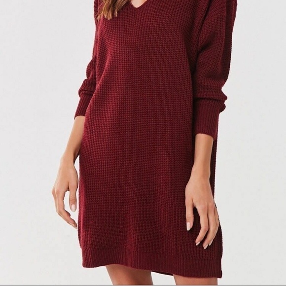 NEW-VINE & Love Back Cutout  Burgundy Ribbed Knit Sweater Mini Dress Size Large - Picture 2 of 9